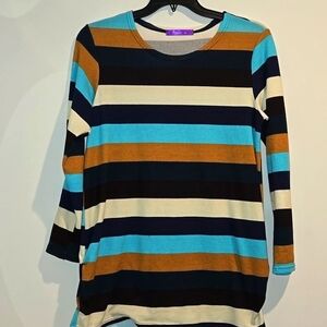 Romacci blue cream brown striped top. Size XL. 30 1/2" long.